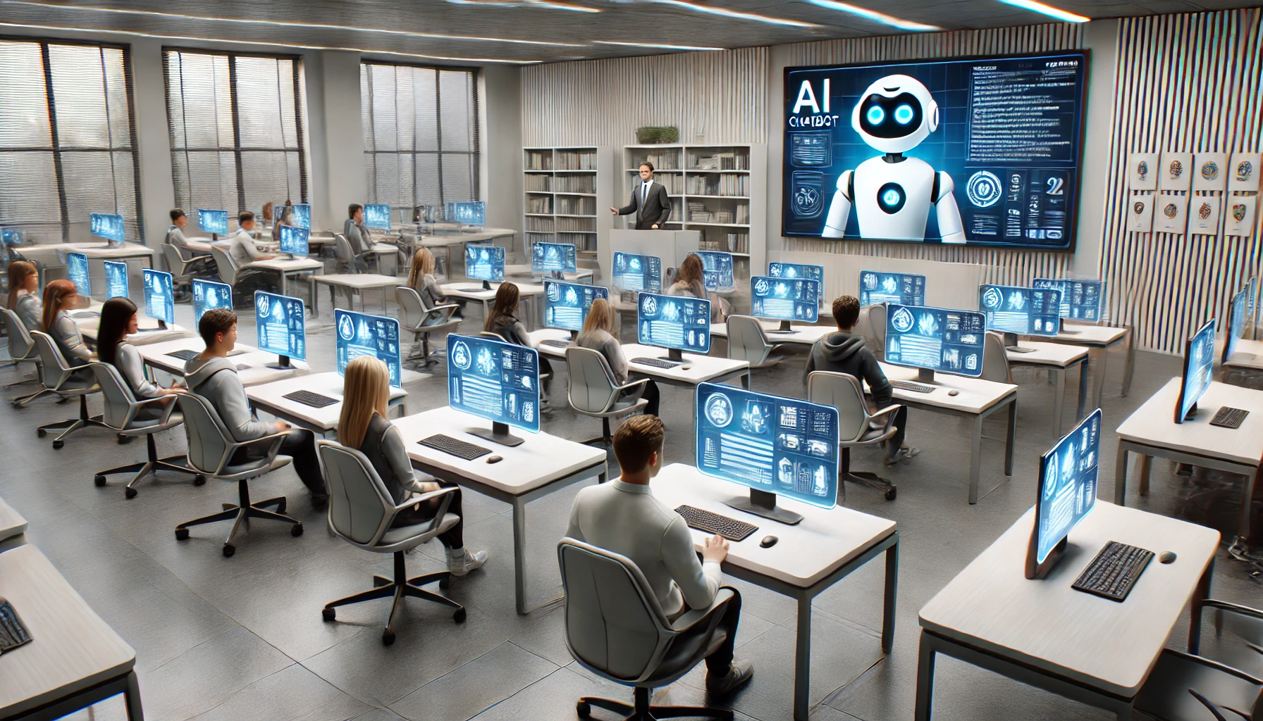 Futuristic classroom illustration with AI chatbots