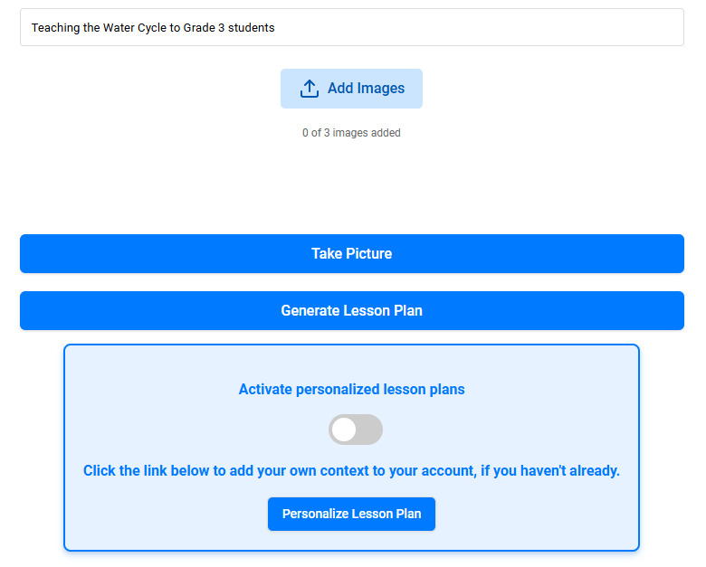 Text input interface for ailessonplanner.xyz