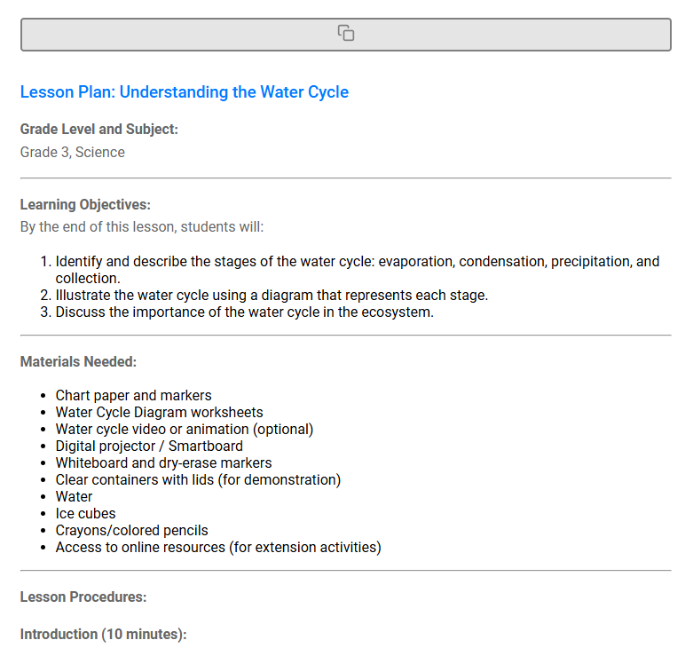 Text input interface for ailessonplanner.xyz