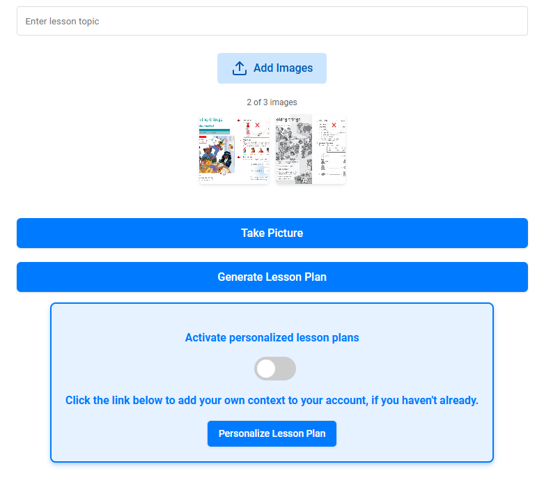 Image input interface for ailessonplanner.xyz