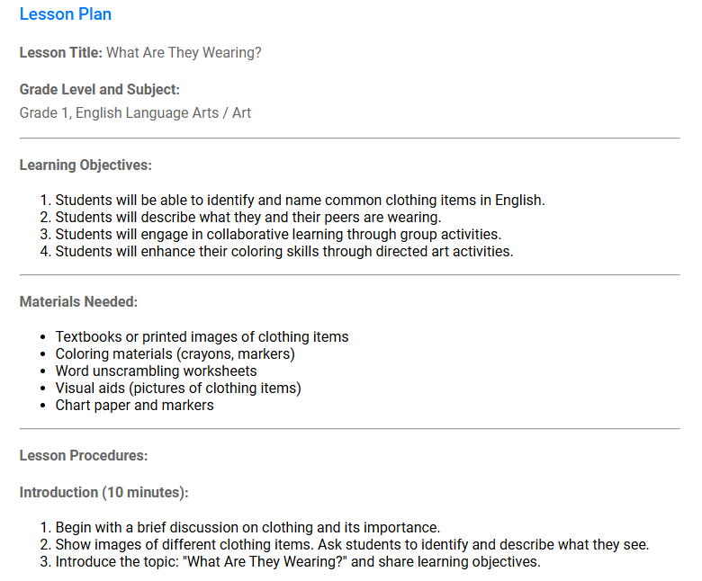 Partial lesson plan after adding extra context to an image input for ailessonplanner.xyz